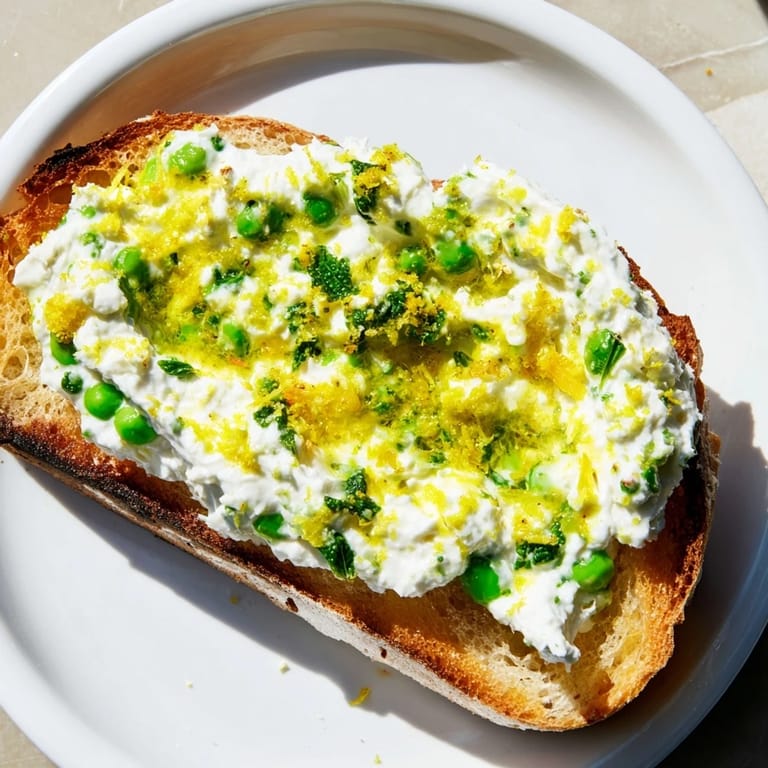 Bright Pea & Mint Ricotta Toast topped with lemon zest, peas, and a drizzle of olive oil.