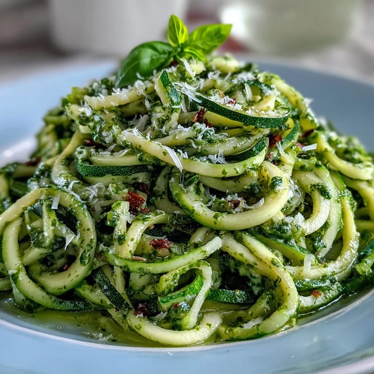 Close-up of sautéed Zucchini Noodles with Pesto, bright green sauce coating the spirals.