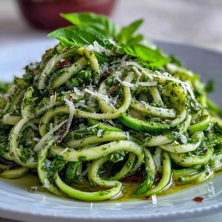Serving suggestion for Zucchini Noodles with Pesto, ready to eat on a rustic table.