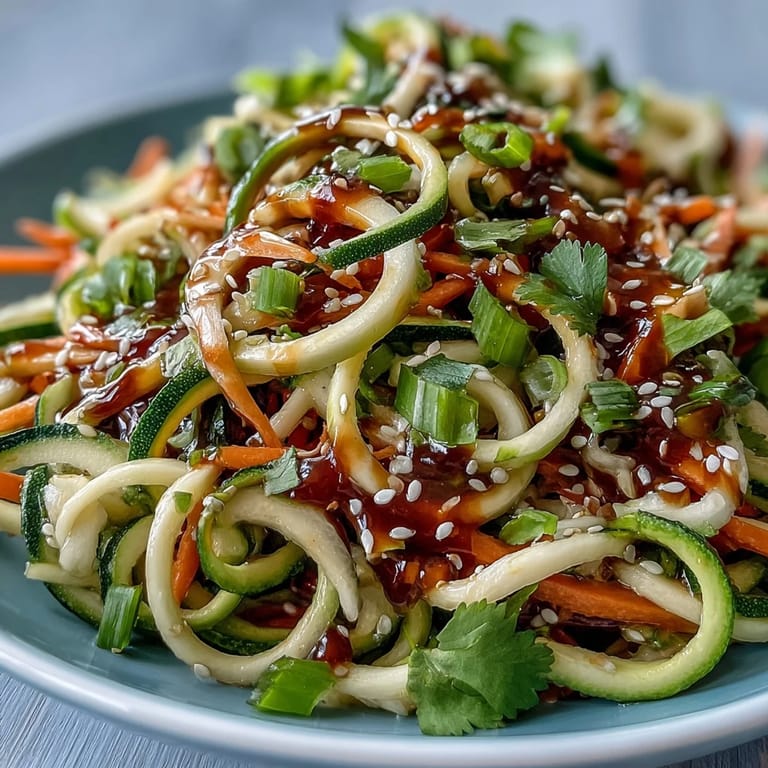 Frischer Rohkuchensalat aus spiralen Zucchini und Karotten mit knackigem Rotkohl und roter Paprika.
