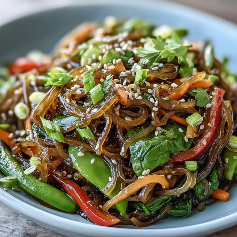 Asiatisch inspirierte Kelp Noodle Stir-Fry mit knackigen Erbsen und würziger Tamari-Ingwer-Sauce im Wok