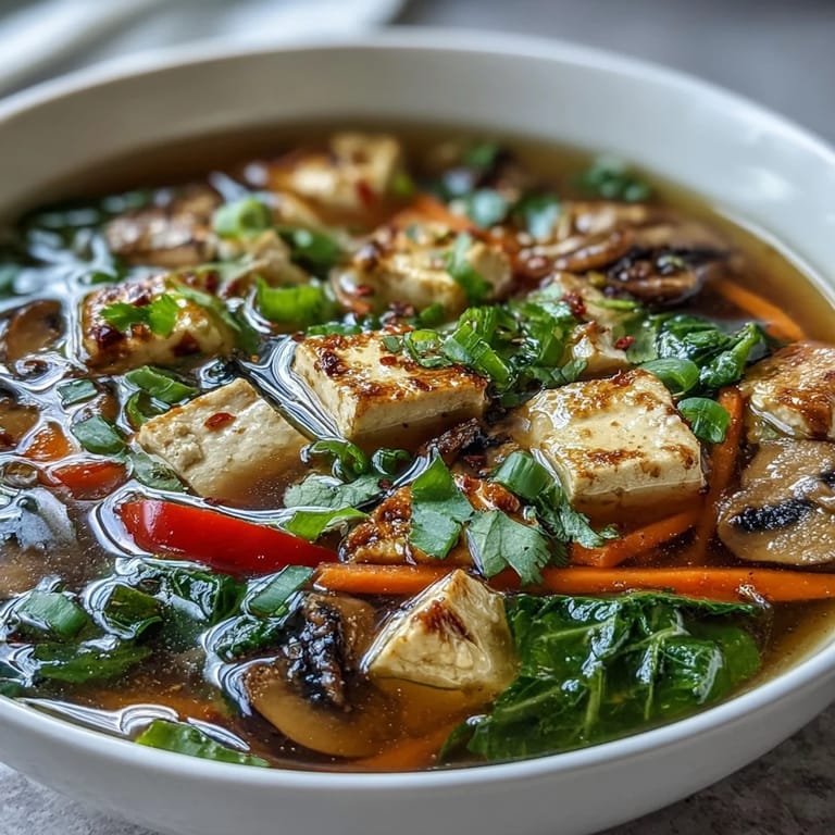 Vietnamesisch inspirierte Tofu-Gemüse-Suppe, einfach, belebend, bereit zum Geniessen.