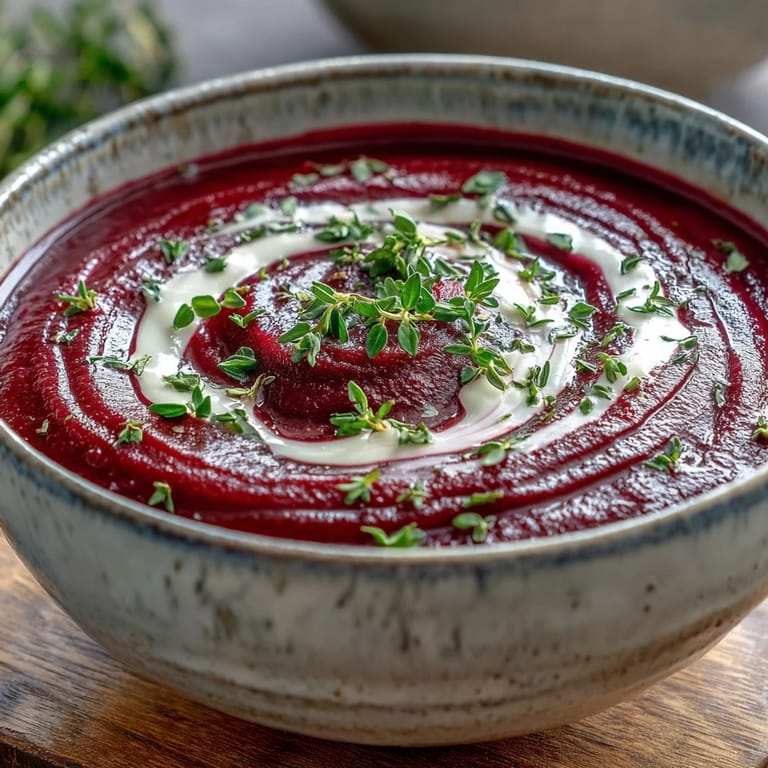 Röstige Rote-Bete-Suppe mit sahniger Textur, serviert heiß mit knusprigem Brot und frischem Thymian.