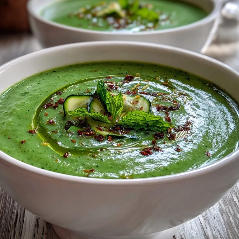 A pot of simmering Zucchini Soup with bright green puree, basil leaves, and a wooden ladle ready to serve.