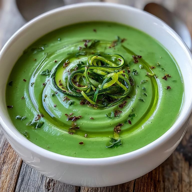 Close-up of creamy Zucchini Soup in a rustic bowl, lemon zest and thyme garnish, steam rising invitingly.