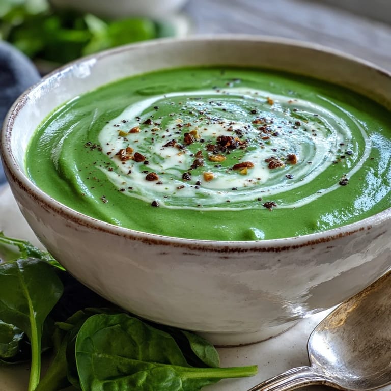 Fresh spinach and aromatic vegetables blend into this creamy Spinach Soup, garnished with cracked black pepper.