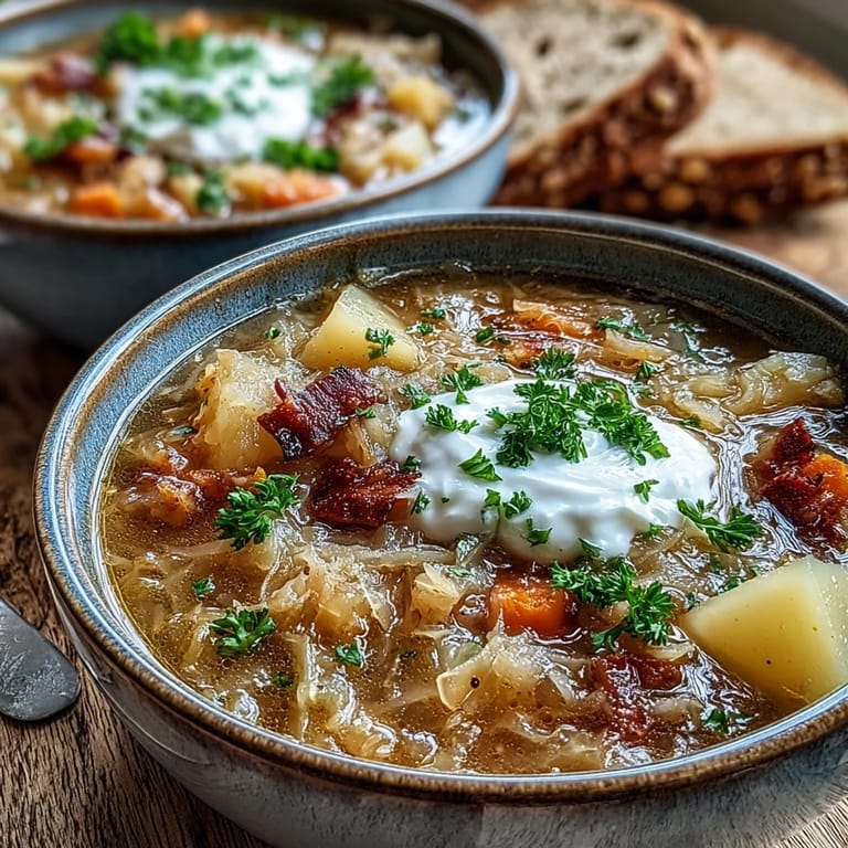 Warm Sauerkraut Soup ladled from the pot, garnished with fresh parsley for a comforting weeknight meal.