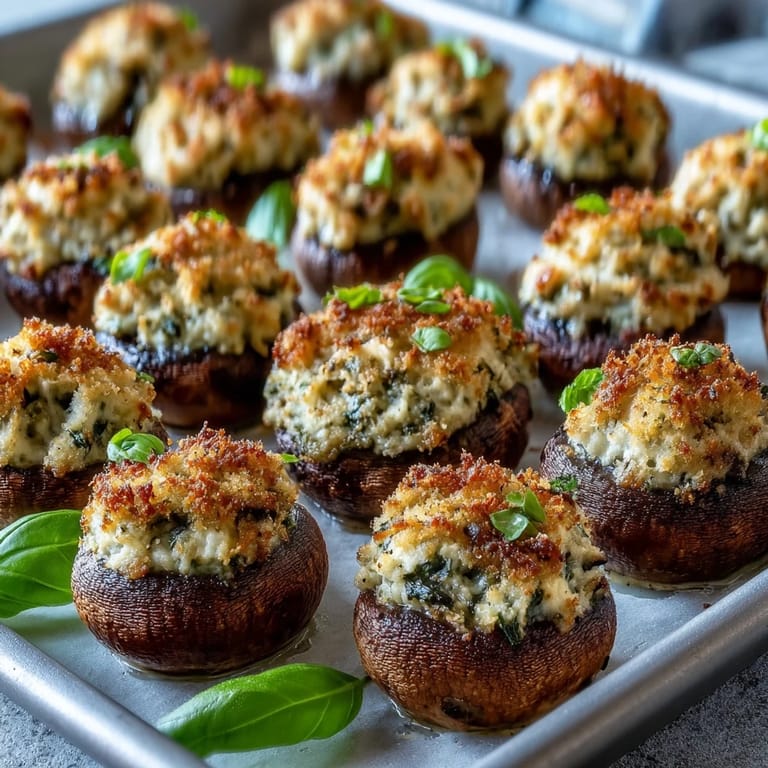 Goldener überbackener Käse auf Stuffed Asiago-Basil Mushrooms, serviert auf einem Party-Platter.