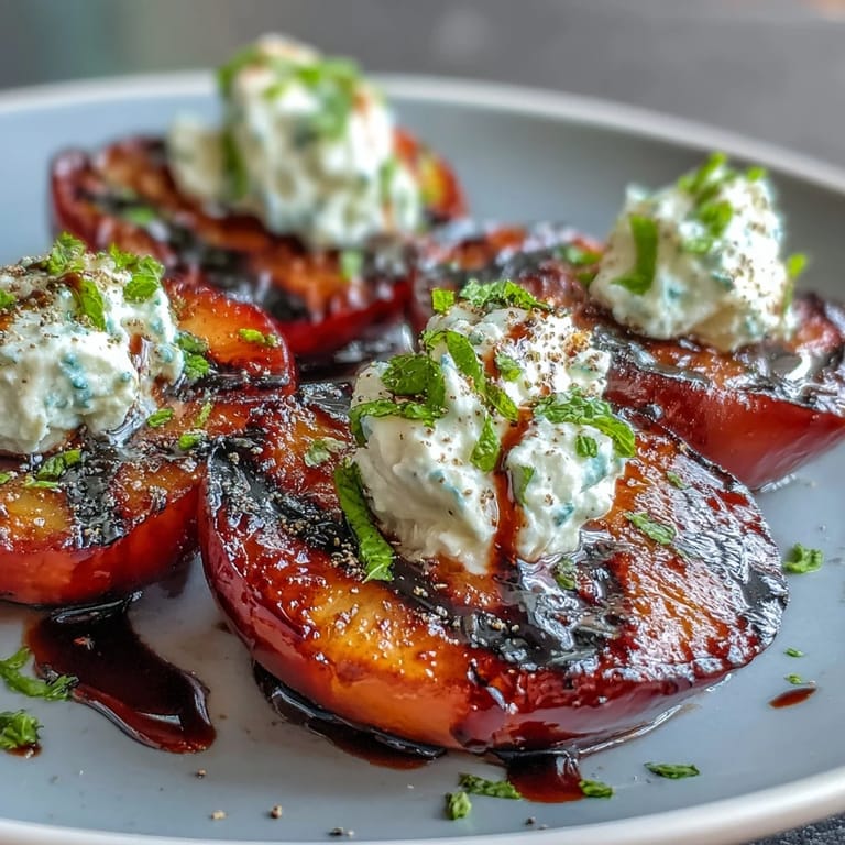 Sweet caramelized plums grilled to charred perfection crowned with soft goat cheese and balsamic glaze perfect for a light dessert.