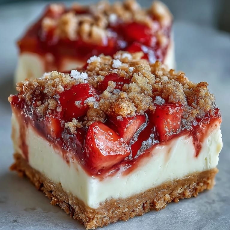 Goldbraun gebackene Erdbeerecheesecake Bars auf einem rustikalen Holztisch, garniert mit cremigem Schlagsahnetopping.