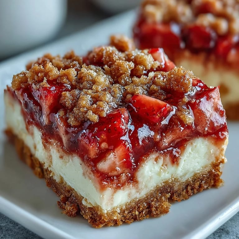 Einfaches Dessertrezept: Erdbeerecheesecake Bars mit glatter Füllung und knuspriger Kruste, perfekt portioniert.