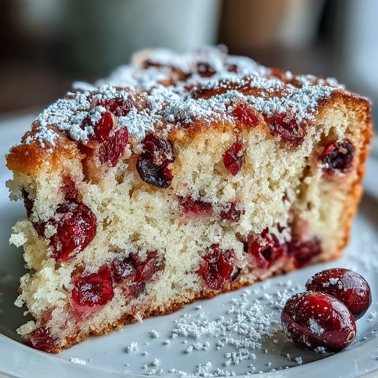 Geschnittene Cranberry Orange Breakfast Cake Scheiben, bestäubt mit Puderzucker auf blauem Teller, frisch gebacken und warm fürs Brunch-Buffet.