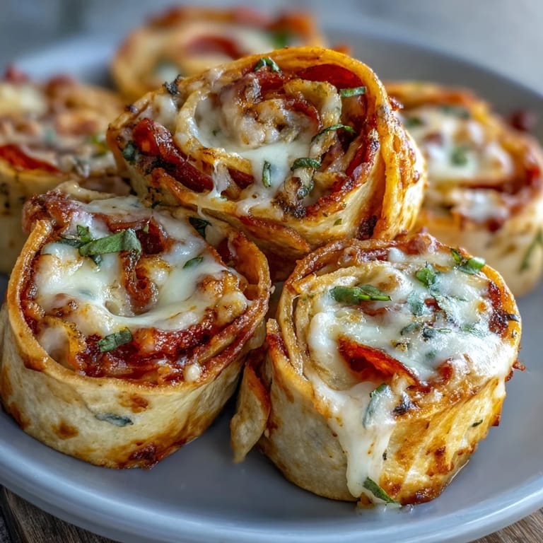 Close-up of sliced Tortilla Pizza Rolls with a gooey cheese pull, showcasing pepperoni and bell peppers for a satisfying savory snack.