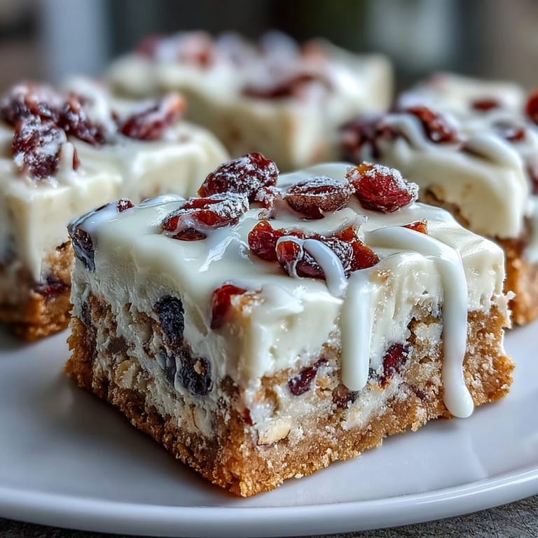 3. Cranberry Bliss Bars mit getrockneten Cranberries und zartem weißen Schokoladenguss, bereit zum Servieren.