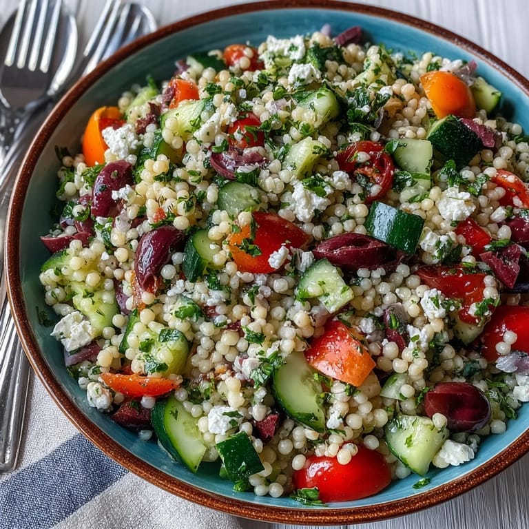 Mediterranean Pearl Couscous mit knackigem Gemüse und Feta, perfekt für ein leichtes Mittagessen.