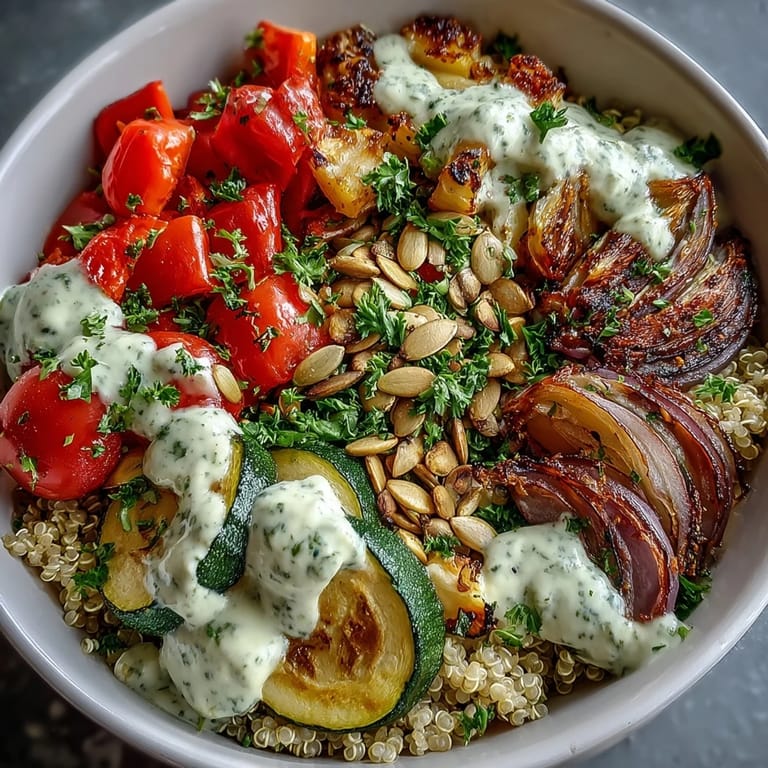 Savory sheet pan veggies over quinoa drizzled with lemony tahini sauce in a colorful bowl.