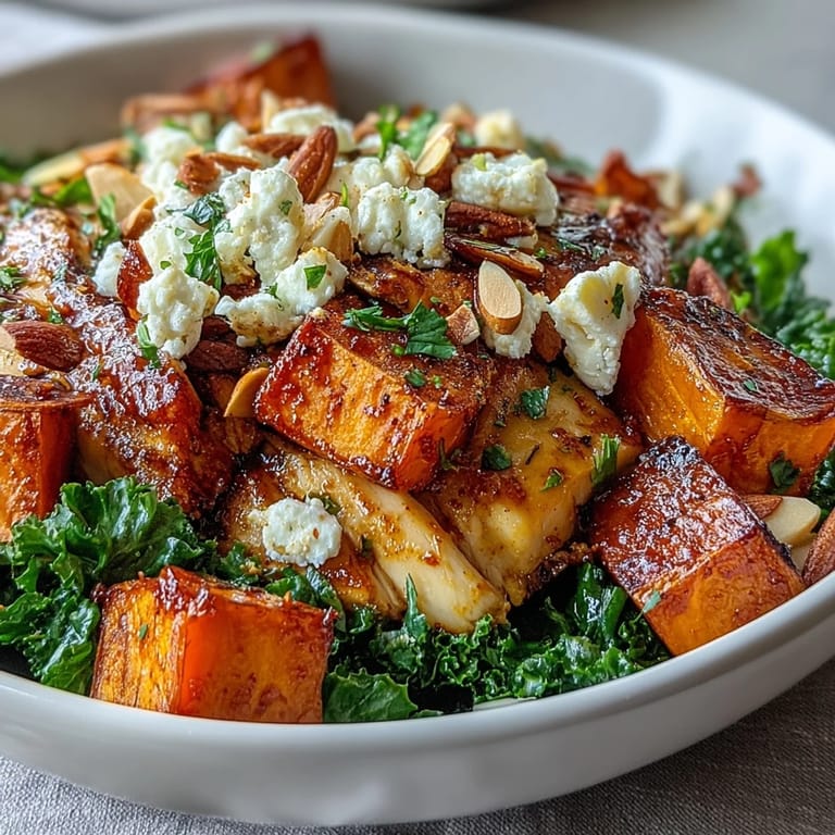 Gesunder Herbst-Harvest-Bowl mit gerösteten Süßkartoffeln, Hähnchen, frischem Grünkohl und einer cremigen, tangigen Balsamico-Vinaigrette.