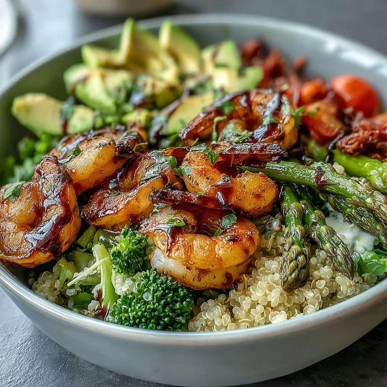 Genieße die Rainbow Vegetable Detox Bowl: fluffiger Quinoa, saftige Garnelen, Avocado-Scheiben und knackiges Gemüse mit balso-mico-Dressing betont.