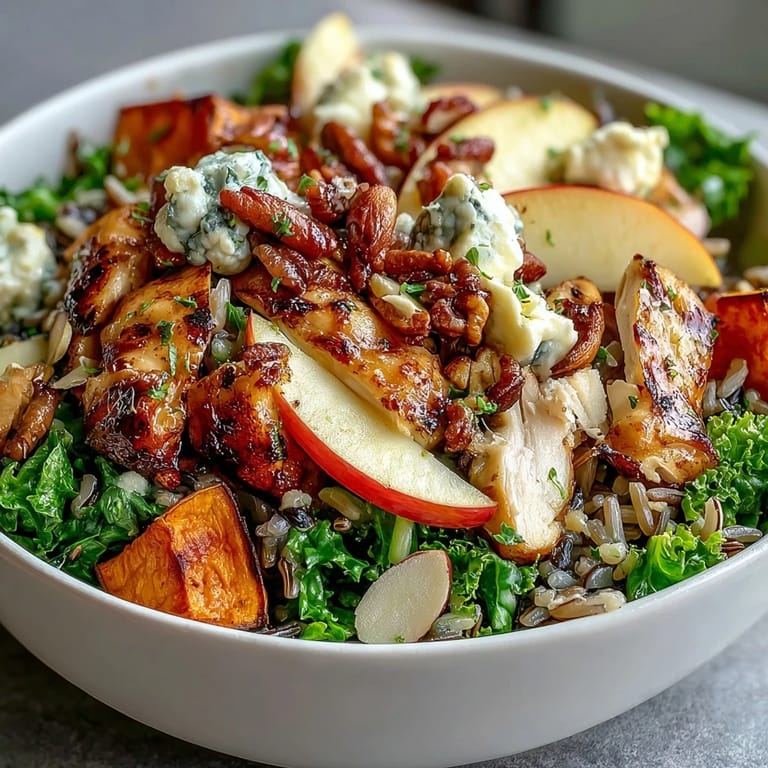 Farbenfroher Harvest Bowl: zartes Hähnchen, weiche Süßkartoffelstücke, knackiger Apfel, würzige Mandeln und cremiger Ziegenkäse auf einer grünen Grünkohlbasis.