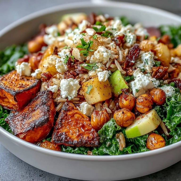 Lush präsentiert sich die Fall Harvest Bowl: geröstetes Gemüse, frische Äpfel, Celery und Feta über einem Bett aus Wildreis.