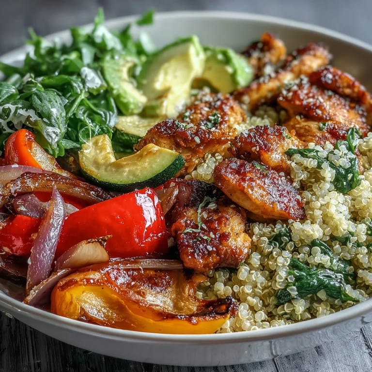 Genieße den Paprika Roasted Vegetable Quinoa Bowl mit gerösteten Karotten und Paprika auf hellem Quinoa, serviert mit Avocado.