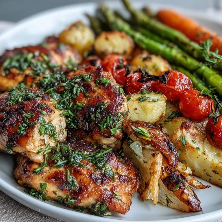 Saftiges Hähnchen und knackiges Frühlingsgemüse auf einem Blech, gewürzt mit Zitrone und Kräutern.  