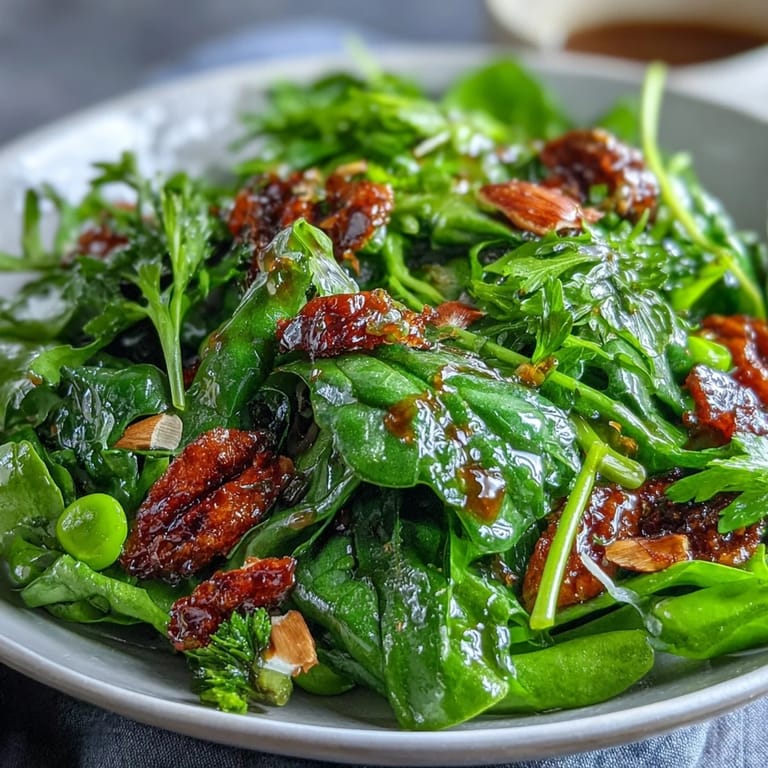 Knackiger Frühlingssalat mit Honig-Senf-Dressing, garniert mit gerösteten Mandeln, frischen Kräutern und knackigen Gemüsesorten.