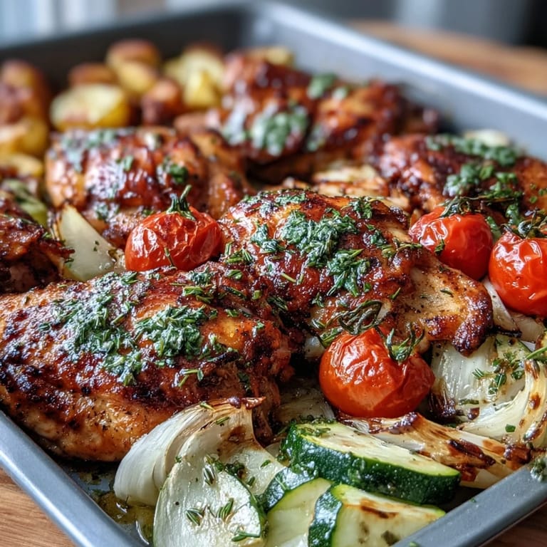 Spring Dinner Sheet Pan Chicken mit Zucchini und Cherry Tomaten – knusprig gebratenes Hühnchen, buntes Gemüse und aromatische Kräuter auf einem Blech.