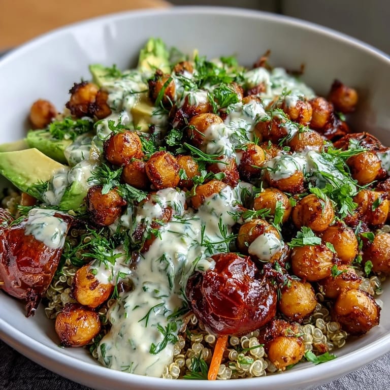 Nährstoffreiche Schüssel mit fluffigem Getreide, knusprigen Kichererbsen und frischer Zitronenvinaigrette.