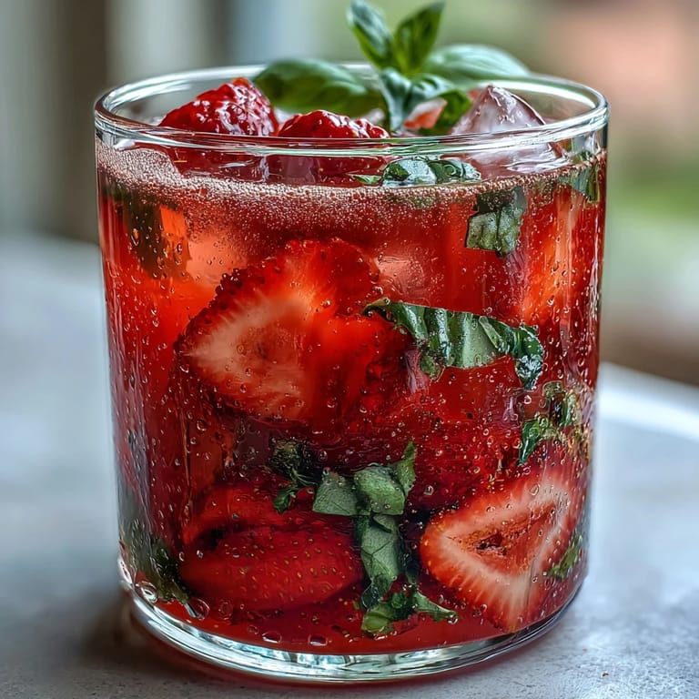 Lebendige Erdbeer-Basilikum-Limonade mit Eiswürfeln und Basilikum garniert.