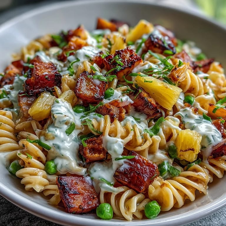 Ein erfrischender Nudelsalat mit saftigem Schinken, süßer Ananas und knackigem Gemüse, verfeinert mit cremigem Ranch-Dressing.