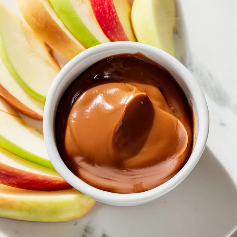 Perfect party appetizer: vibrant apple slices ready to be dipped into the warm caramel.