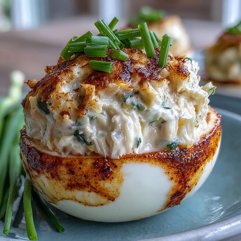 Gourmet Crab Cake Deviled Eggs topped with Old Bay, a delicious savory bite.
