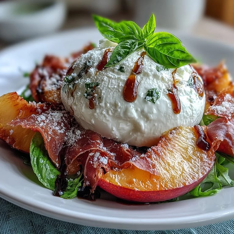 Burrata und Pfirsich Sommer Salat mit Prosciutto und knackigen Blättern, Balsamico-Dressing.
