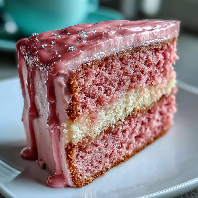 Festlicher Rosé Velvet Cake mit schimmernden Goldakzenten, bereit zum Servieren.