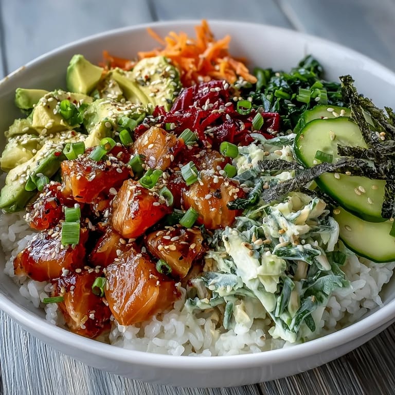 Reichhaltige Lachs-Poke-Bowl: mariniert und mit Gemüse für ein gesundes Mittagessen.