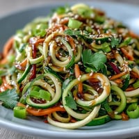 Helle Schüssel mit Spiralgemüse, übergossen von einem würzigen Sesam-Ginger-Dressing und mit gerösteten Erdnüssen bestreut.