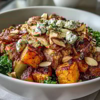 Frisch zubereiteter Herbst Süßkartoffel-Harvest-Bowl mit geröstetem Hähnchen, Karamell-Süßkartoffeln, knackigem Apfel und zerkrümeltem Ziegenkäse.