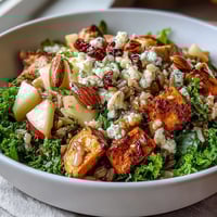Leuchtteller Harvest Bowl mit knusprigem Hähnchen, süßen Süßkartoffeln, saftigem Apfel und cremigem Ziegenkäse auf massiertem Grünkohl.