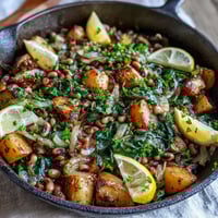 Geschmackvolle Black-Eyed Pea Skillet Dinner mit knusprigen Kartoffeln und frischer Petersilie im Ofenfrischen Topf.