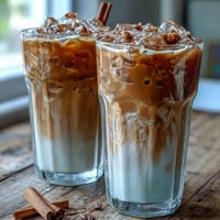 Iced Hojicha Latte mit Milch über Eiswürfeln, für einen erfrischenden, röstigen und süßen Genuss.