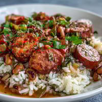 Schüssel mit herzhaftem Black-Eyed Pea Jambalaya mit geräucherter Wurst und buntem Gemüse, serviert in einem rustikalen Topf.