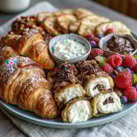1. Mothers Day Brunch Board mit Gebäck, Obst und Mimosas: Eine festliche Platte mit knusprigen Croissants, frischen Beeren und prickelndem Orangensaft.