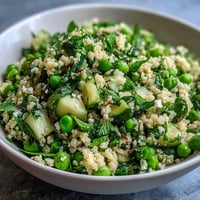 Spring Pea and Mint Couscous Salad mit frischen Erbsen und aromatischem Minze in einer leichten Zitronenvinaigrette.