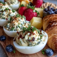 Festlicher Oster-Brunch-Teller mit gefüllten Eiern, frischem Obst und Gebäck